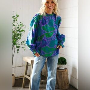 Fantastic Fawn Electric Jungle Blouse Purple Green Back Bow Smocked Cotton M